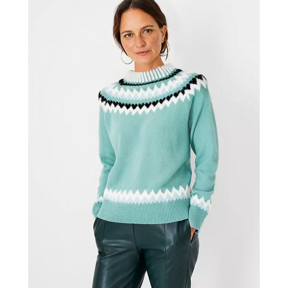 Ann Taylor Fair Isle‎ Mock Sweater Aqua Green White Size Small